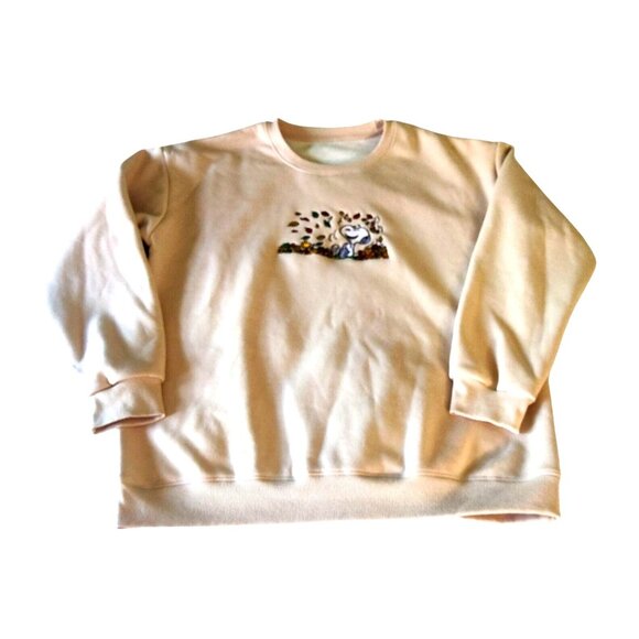 Snoopy Crewneck Beige Fall Leaves Graphic Embroidered Lined Sweatshirt - Picture 6 of 15